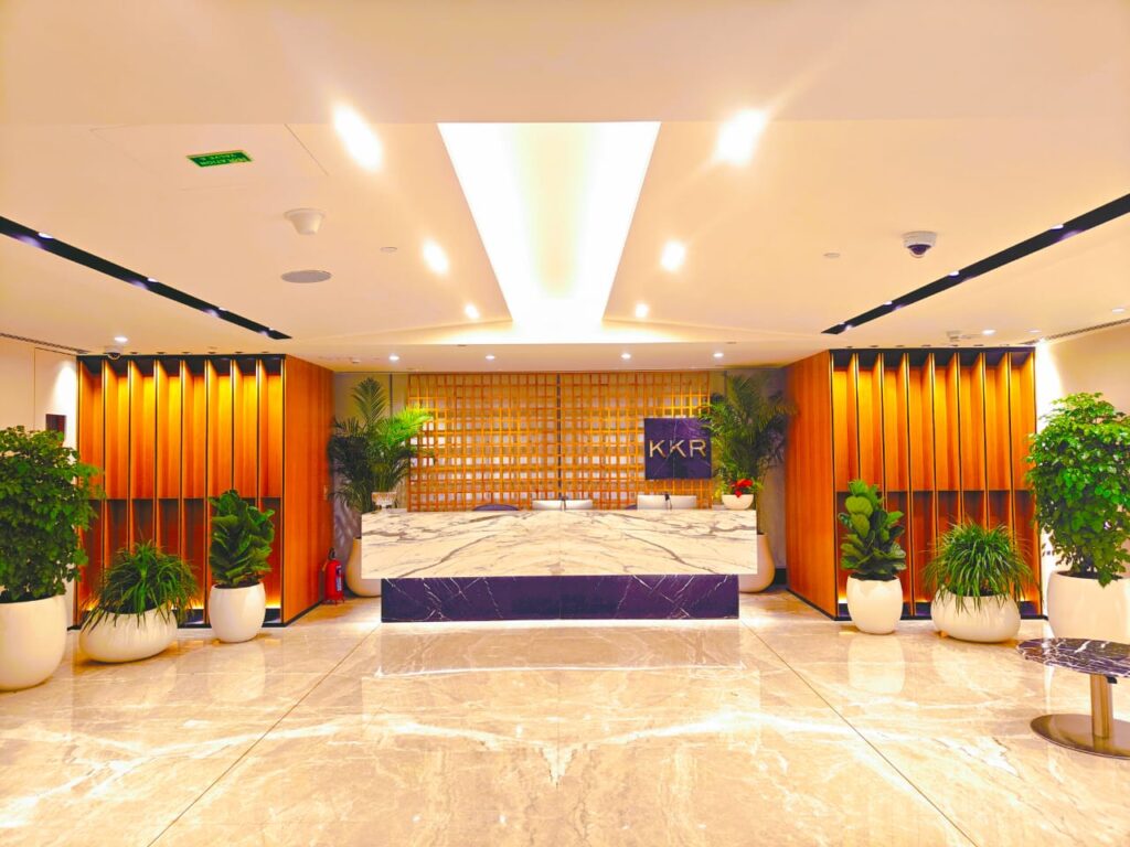 Indoor plants placed in a modern office reception area with decorative pots