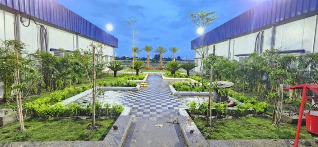 symmetrical garden pathway landscaping with greenery